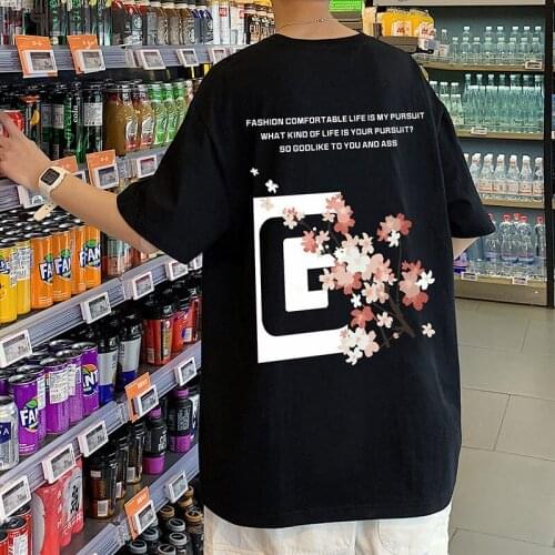 VERSMA Korean Trendy Round Neck Short Sleeve Cotton T-shirt Men Women Summer Casual Cherry Blossom Print Vintage Tshirt Men 5XL