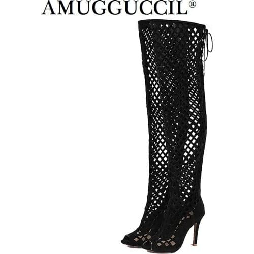 2021 New Plus Big Size 32-46 Black Brown Gray Red Lace Up Zip Cut-Outs Sexy Female Lady Over The Knee Women Summer Boots X1633