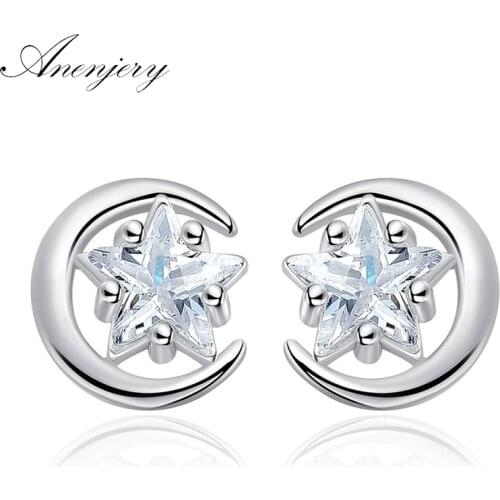 ANENJERY 925 Sterling Silver Fashion Design Moon Star Zircon Earrings For Women Girl Gift Jewelry oorbellen S-E634