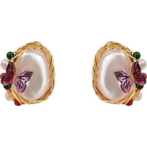 Korean New Colorful Rhinestone Beads Pearl Earrings for Women Charm Butterfly Flowers Stud Earring Jewelry Gift Brincos