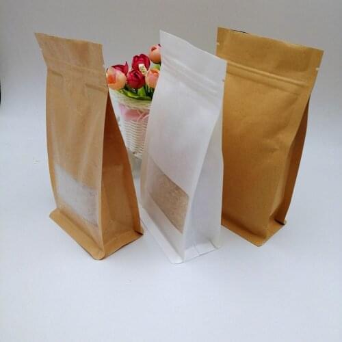 14x24x6cm 50pcs White/Brown Kraft Paper Bag For Gifts Christmas Food Tea Candy Zip Lock Kraft Paper Bag With Window Stand Pouch