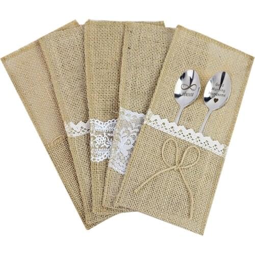 5pcs/lot Burlap Lace Cutlery Pouch Rustic Wedding Tableware Knife Fork Holder Bag Hessian Jute Table Decoration for Home Party