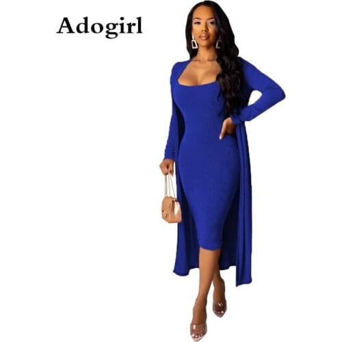 Adogirl Velvet Two Piece Set X-Long Long Sleeve Cardigan+ Spaghetti Straps Bodycon Midi Dress Sexy Night Club Dresses Vestido