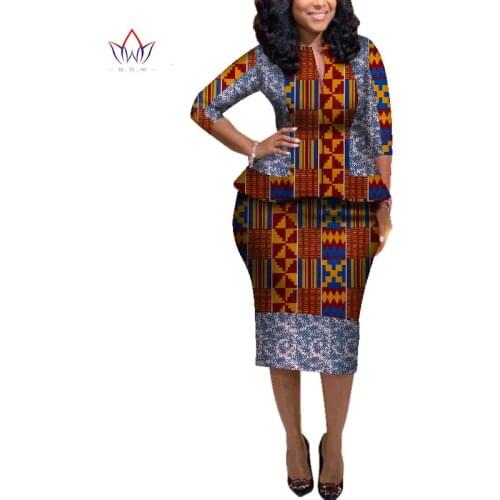 African Denim Two Piece Set for Women Bazin Riche Pachwork Elegant Traditional African Clothing Knee Length Skirt Sets WY5706