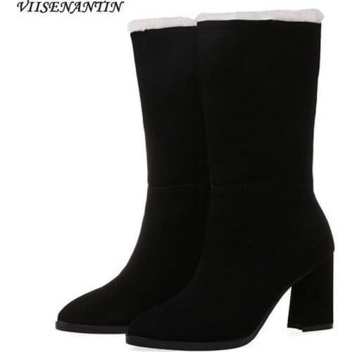 Korean Fashion Womens Winter New Genuine Leather Warm All-match Velvet Thick High-heeled Mid-Calf Snow Boots Black Shoes Woman