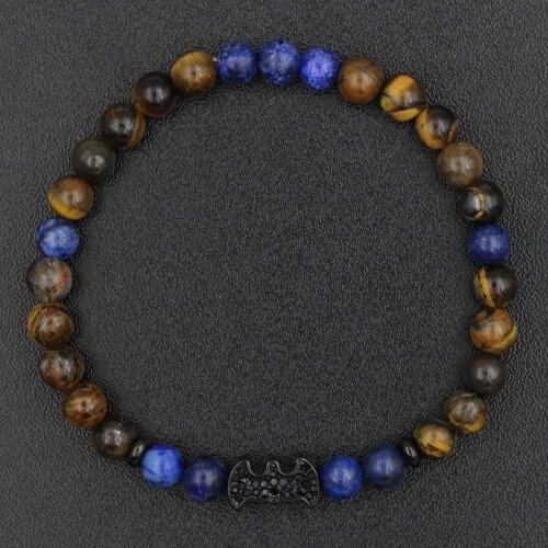 Natural Stone Tiger Eye Elastic Bead Bracelet Stainless Steel Black Crystal Bat Animals Charms Bracelet Jewelry for Men Women