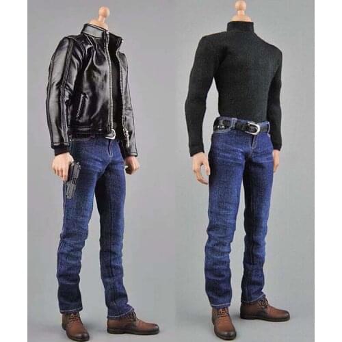 1/6 CEN-M07 Secret Service Leather Coat Jacket Jeans Sweater Shoes Suit Set for 12in Male Soldier Action Figure Collection