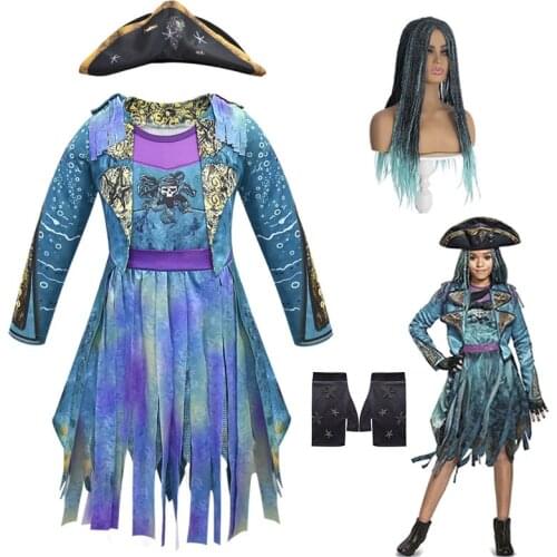 Descendants 3 Mal Bertha Maleficent curls Live Evil Straight blue kids adult Cosplay cap + dress halloween costume for kids wig
