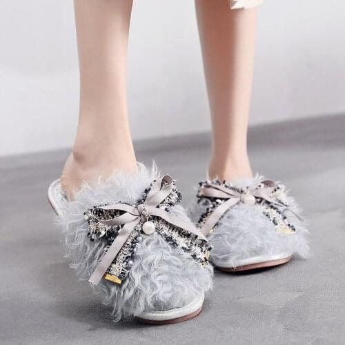 Fashion Bow Fuzzy Slippers Winter Curly Fur Slides Soft Indoor Women Slippers For Home Fluffy Slipper House Shoes Female qq966