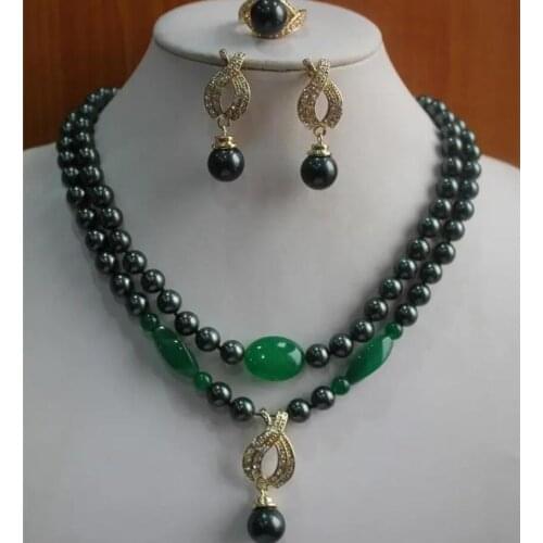 Fashion design 2 rows of 8mm black shell beads + green diamond Accessories + Necklace Pendant + Earrings + Ring Set