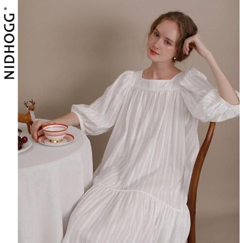 Summer Korean Nightdress Womens Cotton Jacquard Pleated Puff Sleeve Night Dress Plus Size Women Night Sleepwear Sexy Nightwear