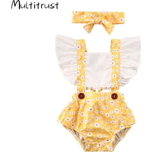 Infant Newborn Baby Girls Clothes Ruffles Sleeve Daisy Floral Bodysuit Summer Outfit Clothes Set Size 0-2T