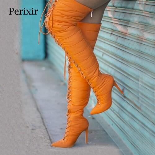 Perixir Lace-Up Boots Women High Quality Down Warm Snow Round Toe Platform Thigh High Shoes Fashion Zipper Over The Knee Boots