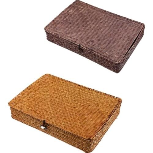 Woven Seagrass Storage Basket with Lid Rattan Wicker Jewelry Organizer Desktop Sundries Storage Box Clothes Finishing Baskets