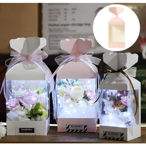 Flower Gift Paper Boxes Clear Window Transparent Portable Gift Flower Packing Boxes Wedding Party Gift Flower Bags