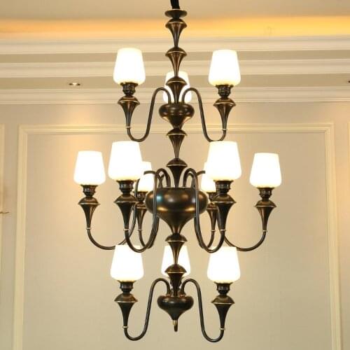 European Style Villa Large Hanging Lamps Duplex Building Staircase American Copper Chandelier Living Room Long Chandelier Light