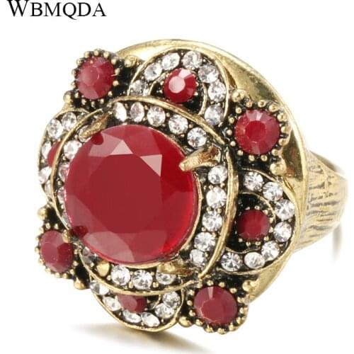 Wbmqda Vintage Red Stone Crystal Flower Ring Antique Gold Boho Jewelry Wedding Rings For Women Crystal Gift