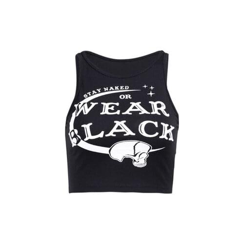 Gothic Skull Moon Letter Print Cotton Crop T-shirt Women 2020 New Summer Black Sleeveless Short Sexy Top Girl Harajuku