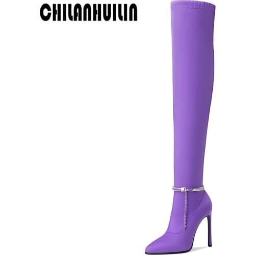 Sexy pointed toe chain riding boots elasticity lycra autumn winter boots shoes woman over the knee high boots woman high heels