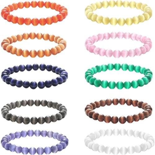 8MM Cat Eye Natural Stone Bracelet Women Smooth Round Bead Pulseira Bracelet High Quality Pink Purple White Color Bangle Jewelry