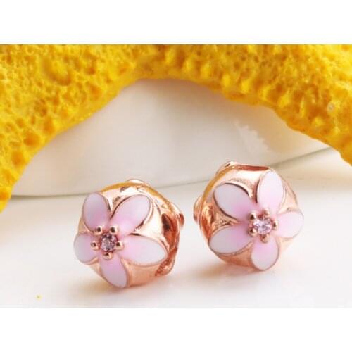 1pc Silver Color Beads Rose Gold Magnolia Flower Stopper safety Bead For Original Pandora Charm Bracelets & Bangles Jewelry