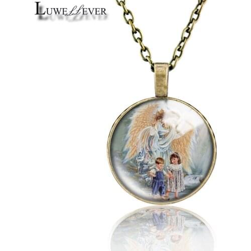 Angel Necklace 654 25mm Bronze 30mm Wood Rhinestone Double-sided Moon Round Glass Pendant For Women Gift