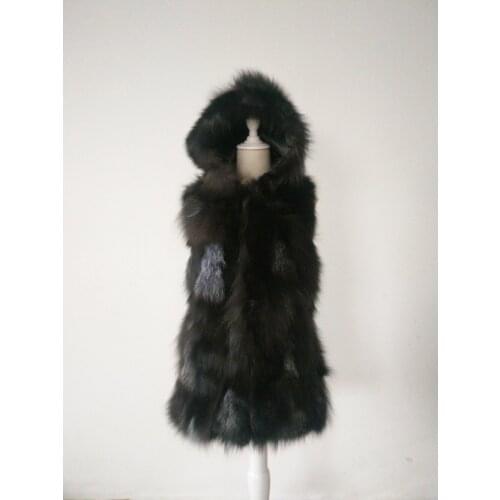 Free shipping 100% Genuine women long fox fur vest With hood winter real fox fur coat Retail/Wholesale custom big size 120 bust