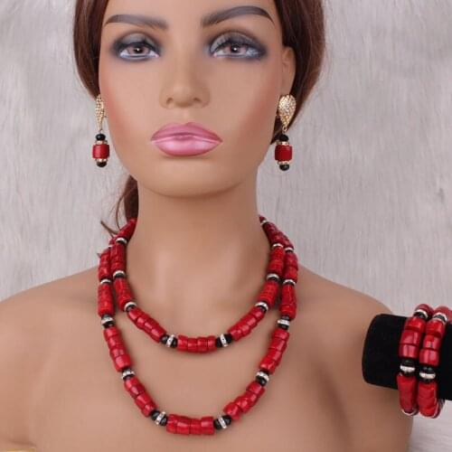 Dudo Red African Jewelry Set Nature Coral Nigerian Wedding Necklace Set For Bride Women 2 Layers Necklace Bracelet and Earrings