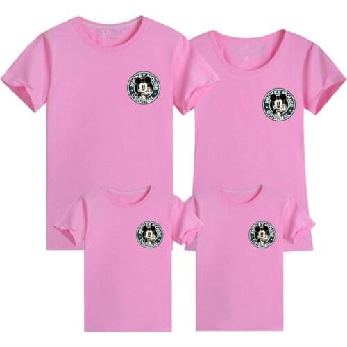 New Summer T-shirts Cotton Cartoons Printing Mickey Streetwear Children Short Sleeve Casual Base Family Clothes Women Loose