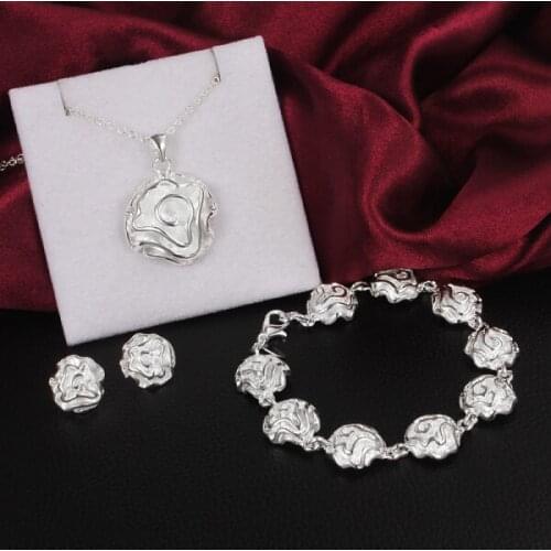 Hot fine rose flower 925 sterling Silver Jewelry set earring stud Bracelet necklace for women fashion Party wedding Holiday gift