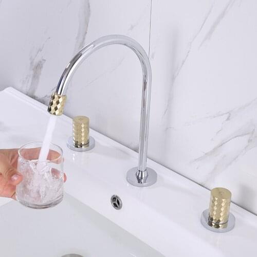 Brushed Gold Chrome Polished Brass Deck Mounted Dual Handle Three Hole Basin Mixer Hot and Cold Water Tap Bathroom Sink Faucet