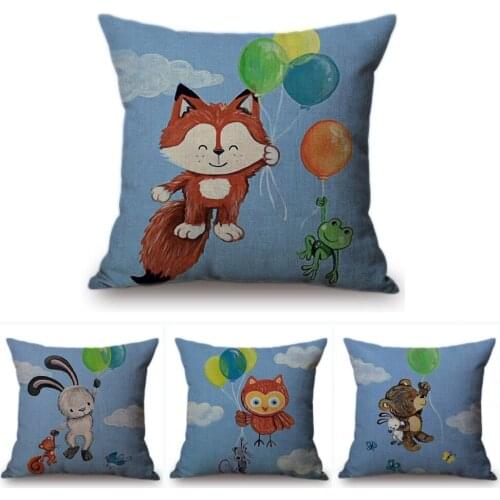 Cute Blue Forest Animals Balloon Fly Away Home Decor Sofa Throw Pillow Owl Fox Bunny Bear Car Pillow Adorable Kids Chair Cushion