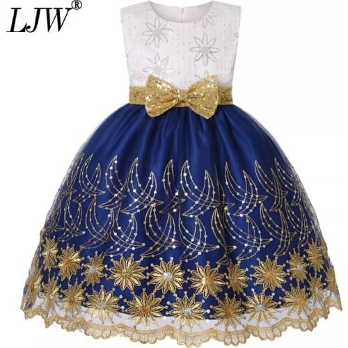 New Gold silk Embroidered Dress Girls Sequined Princess Dress Bow Flower Girl Wedding Party Dress 6 7 8 Year Old childrens wear