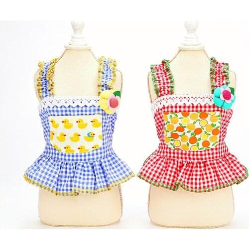 Pet Clothes For Dogs And Cats Summer Dress Print Plaid Cat Shirt Skirt With Shoulder-Straps Lace Suspender Clothing Pink Blue