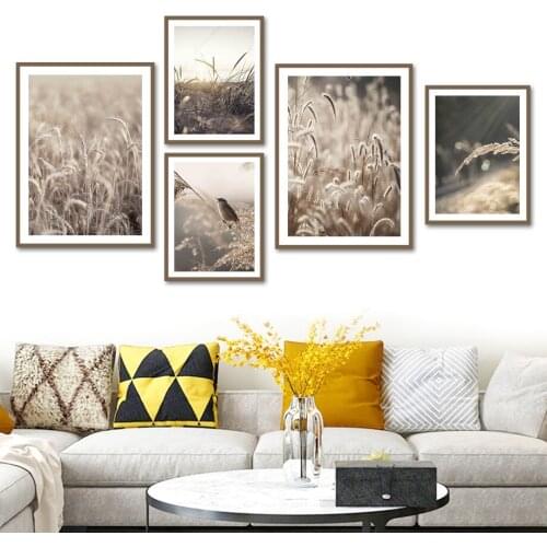 Autumn Wheat Bird Reed Plant Landscape Wall Art Canvas Painting Nordic Posters And Prints Wall Pictures For Living Room Decor