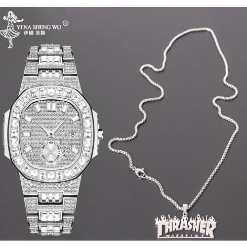 Fashion Thrasher Magazine Flame Pendant Necklace & Watch Set Men Hip Hop Rock Titanium Stainless Steel Gold Necklace Men Jewelry