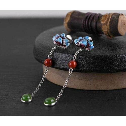 Cloisonne Stud Earrings Womens S925 Sterling Silver Vintage Chinese Style Peony Burnt Blue Long Jasper South Red Ear Rings