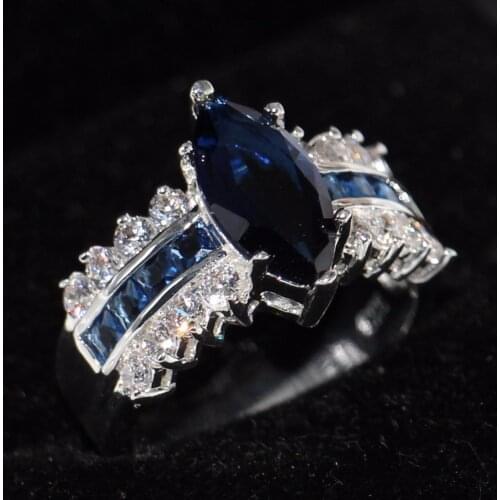 Mothers Day Gift Luxury Jewelry 925 Sterling Silver Marquise Pear Cut Blue 5A Zirconia Party Women Wedding Band Ring Gift Box