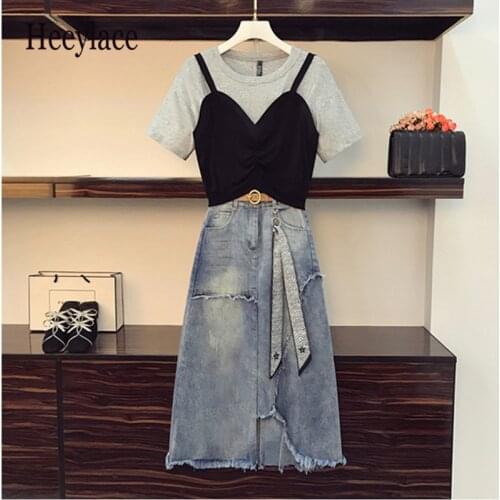 Plus size Two piece Set Women Summer vintage Sequin Embroidery Bowknot Short Sleeve Tshirt + Ribbon bow irregular Skirt Suit