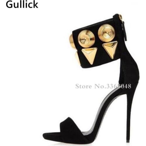 Luxury Gold Rivets Embellished Ring Ankle Strap Women Sandals Sexy Europe Style Black Suede Open Toe Gladiator Heel Party Shoes