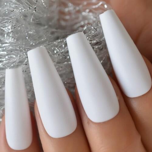 Extra Long Ballerina White Fake Nails Matte Pure Solid Color Frosted Tapered Fost Thick Reuseable Fingernails 24 Pcs