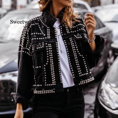Women Cool Rivet Jacket Coat Korean Short Black Jeans Jacket Beading Black Basic Coat Outfit Long Sleeve Zipper Jacket