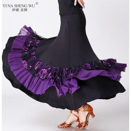 Women Belly Dance Practice Skirt Dress Spanish Fancy Belly Dance Wear Sequin Flower Embroidery Ruffle Big Wing Gypsy Stage Skirt
