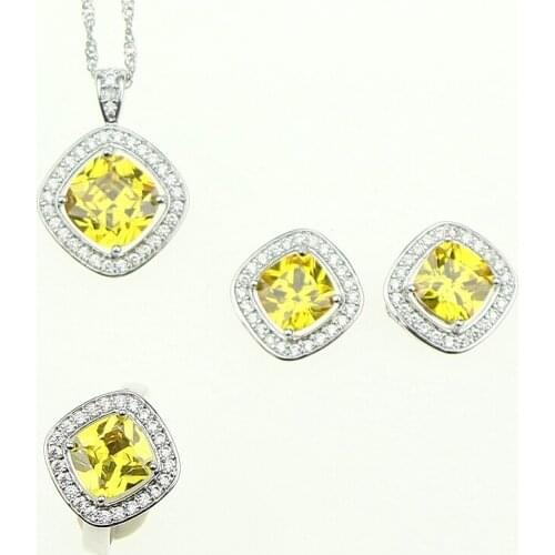 Golden Yellow Crystal CZ Jewelery 925 Sterling Silver Earrings/Rings/Pendant/Necklace Jewelry Sets For Women Wedding Party