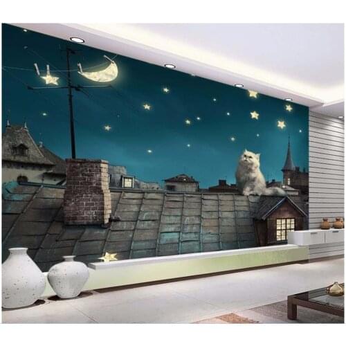 3d wallpaper custom photo Blue sky under the roof to see the moon cat room painting 3d wall murals wallpaper for walls 3 d