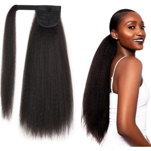 Afro Kinky Straight Ponytail Yaki Synthetic Hairpiece Wrap on Clip Hair Extensions Brown Pony Tail Natural Color Fack Hair
