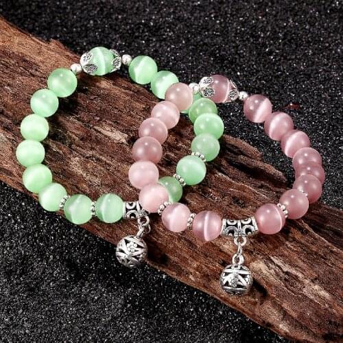 Fashion Cat Eye Beads Strand Bracelets Men Cute Bell Lucky Pendant Women 8mm Natural Opal Stone Bangle Charm female Jewelry Gift