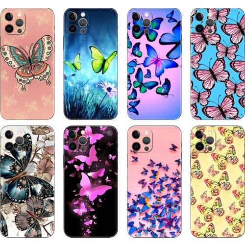 Black tpu case for iphone 5 5s se 2020 6 6s 7 8 plus x 10 XR XS 11 12 mini pro MAX back cover Butterfly Flower