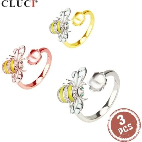 CLUCI 3pcs 925 Sterling Silver Honeybee Open Ring Jewelry for Women Party Wedding Sterling Silver Zircon Honeybee Ring SR2040SB