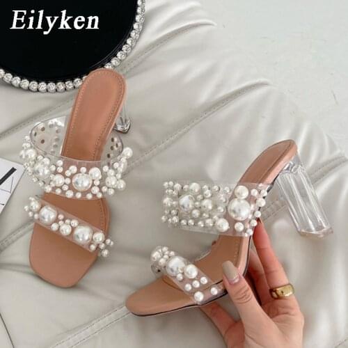 Eilyken 2021 New PVC Transparent Strap Pearl Decoration Slippers Summer Open Toe Clear Crystal High Heels Women Shoes Sandals